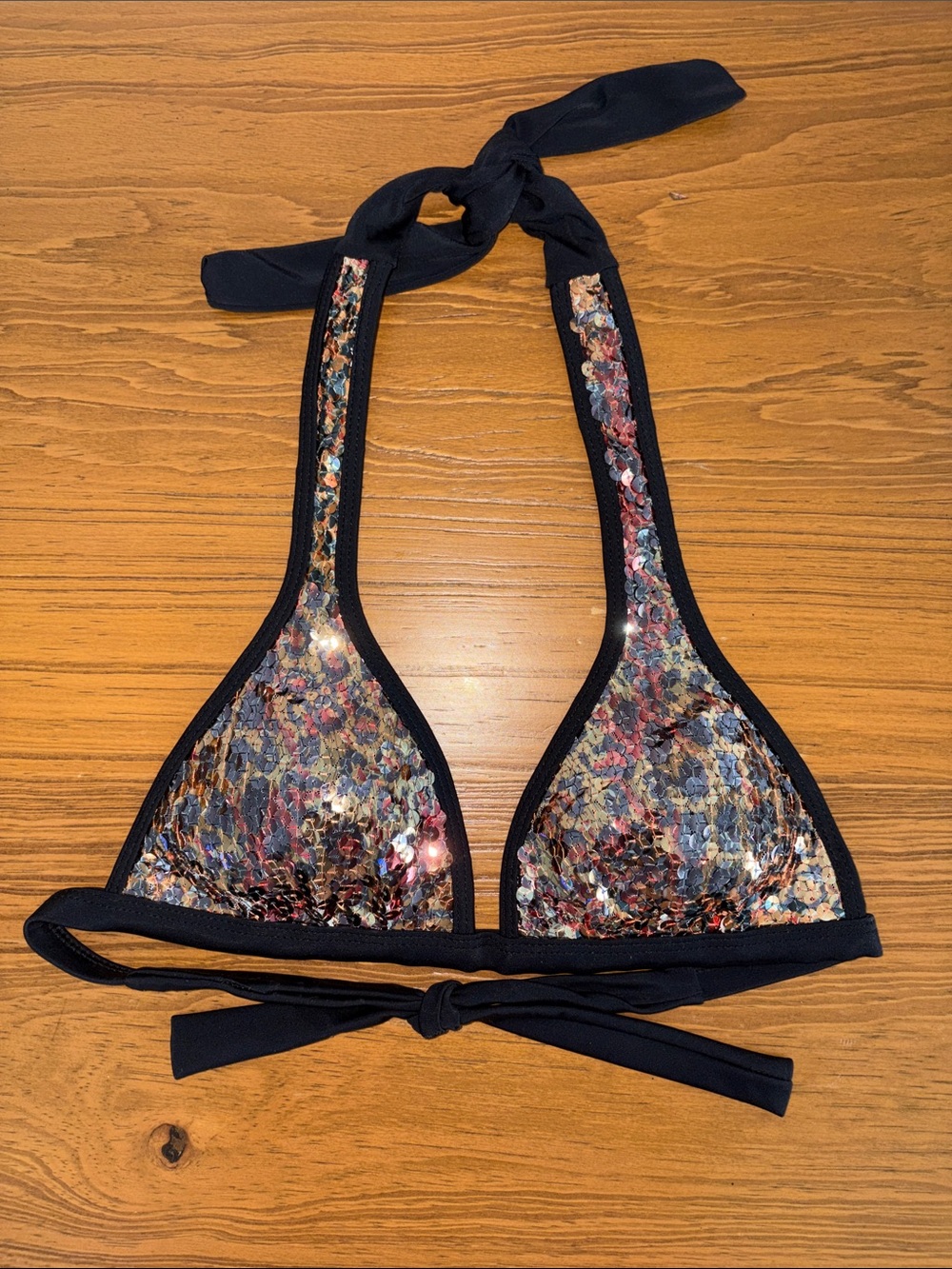 Vintage Leopard Print Sequin Bustier Tie Bikini Top